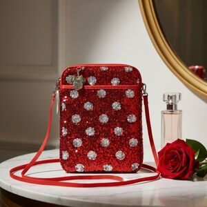 Disney Minnie Mouse Purse red silver sequin polka dots Crossbody Tablet Case Tag